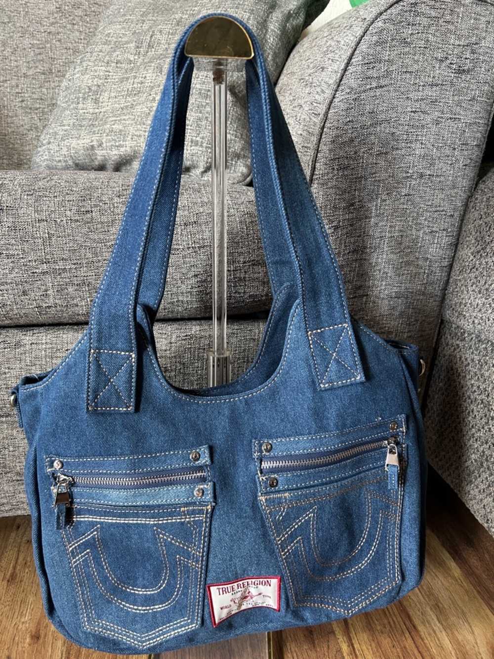 True Religion Denim Blue Shoulder Bag with Dual Front Zips